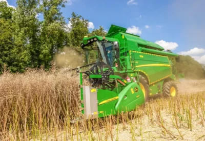 Raps Profi Deere auf dem Rapsfeld, vor grünen Bäumen